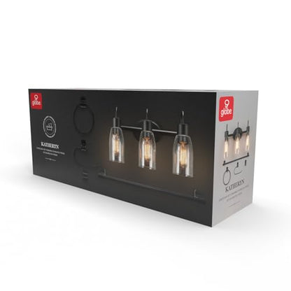 Globe Electric 63000205 5-Piece All-in-One Bathroom Accessory Set with 19" 3-Light Vanity Light, Matte Black, Seeded Glass Shades, Towel Bar, Robe Hook, Toilet Paper Holder, Towel Ring, Powder Room - color: Black, Seeded Shades