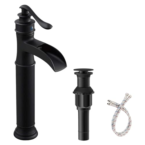Vessel Sink Faucet Black Waterfall Bathroom Faucets Single Hole | with Pop Up Drain Stopper and Supply Lines,Drip-free Ceramic Cartridge, Farmhouse Vanity Bowl Sink Faucet,Lead-Free Brass - color: Black