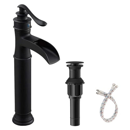 Vessel Sink Faucet Black Waterfall Bathroom Faucets Single Hole | with Pop Up Drain Stopper and Supply Lines,Drip-free Ceramic Cartridge, Farmhouse Vanity Bowl Sink Faucet,Lead-Free Brass - color: Black