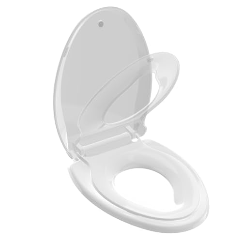 Huttdmel Potty Training Seat Built-in Toilet Seat, Elongated Toilet Seat 18.5inch with Baby Seat 2 in 1 Soft Close Quiet No Slapping, Magnetic Absorption, Easy Installation for Bottom Fixing Toilet - color: White, size: Elongated 18.5inch with Baby Seat