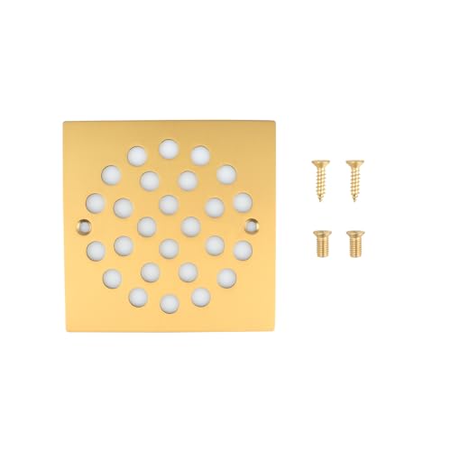 4 Inch Square Screw-in Shower Drain Cover Brushed Golden | 304 stainless steel, large flow anti-clog structure, replaceable grate with matching screws for bathroom floor drain - color: Brushed Golden