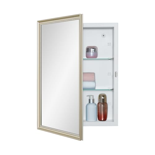 IDYLLOR White Medicine Cabinet with 16x22 Inch Gold Frame Mirrored Door, Wall Mounted Storage, Recessed or Surface Mount, 2 Adjustable Glass Shelves, Vanity Organizer for Bathroom, Bedroom, Hallway - color: Matte White, size: 16x22 inch Framed Mirrored Do