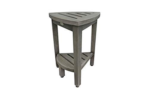 CoastalVogue Snazzy Corner Gray Teak Shower Bench with Storage Shelf | Crafted from 100% solid plantation teak, this corner shower seat resists moisture and outperforms bamboo