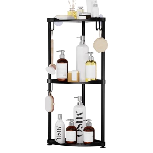 SWTYMIKI Corner Shower Caddy Standing - 3 Tier Stainless Steel Shower Organizer Stand, Large Capacity Floor Shelf with 4 Hooks, Rustproof Bathroom Storage Rack, Black