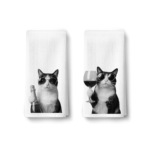 Funny Tuxedo Cat Wine Kitchen Dish Towels Set of 2- Tuxedo Cat Gifts, Gifts for Wine Lovers, Black and White Kitty Kitten Hand Tea Towels for Home Bar Kitchen, 16x24 Inches-041 - color: Wcolor 006