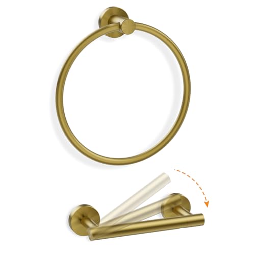 Toilet Paper Holder and Hand Towel Ring Bathroom Set | Brushed Gold,Stainless Steel,Wall Mount,Bathroom Accessories,Hand Towel Ring and Toilet Paper Holder Set,Easy to install - color: Brushed Gold