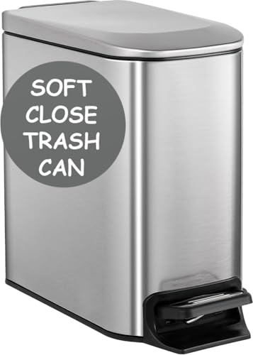 Homie Soft Close, Slim Trash Can 6 Liter / 1.6 Gallon with Anti - Bag Slip Liner and Lid, Use as Mini Garbage Basket, Slim Dust Bin, or Decor in Bathroom, Restroom, Kitchen, or Bedroom - color: Brushed Stainless Steel