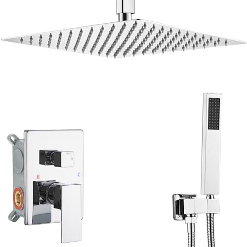 Polished Chrome Shower System Bathroom 16 Inch Rain Shower Head Ceiling Mount with Handheld Luxury High Pressure Shower Combo Set Shower Faucet Rough-in Valve Body and Trim Kit - color: Polished Chrome, size: 16 Inch