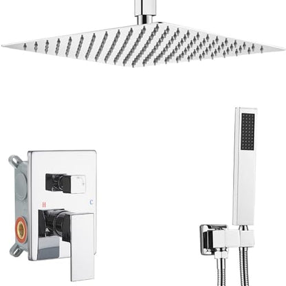 Polished Chrome Shower System Bathroom 16 Inch Rain Shower Head Ceiling Mount with Handheld Luxury High Pressure Shower Combo Set Shower Faucet Rough-in Valve Body and Trim Kit - color: Polished Chrome, size: 16 Inch