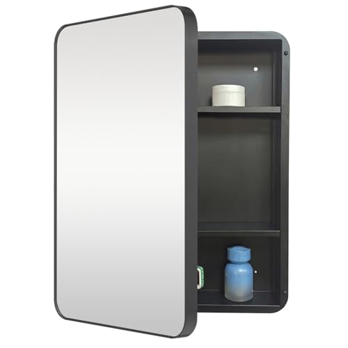 Bathroom Medicine Cabinet with 20"x30" Stainless Steel Framed Mirror,Recessed or Surface Mounted Bathroom Mirror Cabinet,Storage Cabinet for Bathrooms, Guest Rooms, Apartments, Farmhouse Decor - color: Dark Gray, size: 20"x30"