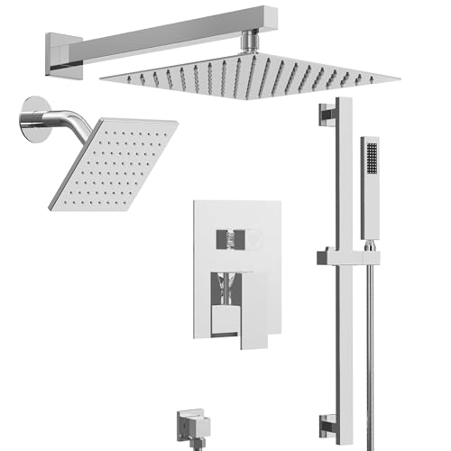 Shower Faucet Set, 10" & 6" Dual Rainfall Shower Heads System for Wall Mount with Slide Bar & Handheld Sprayer, Chrome - color: Chrome