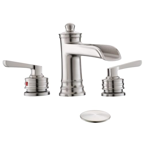 Fapully Brushed Nickel Bathroom Sink Faucet, Waterfall Bathroom Faucets 3 Hole, 8 Inch Widespread Bathroom Faucet with Pop-up Drain, 2-Handle Faucet for Bathroom Sink Vanity RV - color: Brushed Nickel
