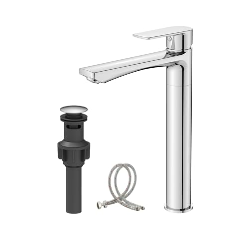 BELZ Chrome Bathroom Faucet, Tall Single Hole Vessel Sink Faucet 11.7'' | Lead-free, Anti-peeling PVD Chrome Finish, Modern Single Handle Design with Pop-Up Drain & Hoses for Bathroom RV Sink Vanity - color: Chrome