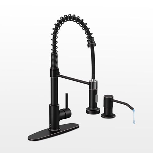 Oil Rubbed Bronze Single Handle Kitchen Faucet Set with Pull Down Sprayer and Soap Dispenser, 17-inch Tall - color: F-Oil Rubbed Bronze, style: Contemporary