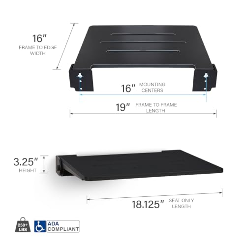 Seachrome 18 inch Silhouette Slimline Folding Wall Mount Shower Bench Seat, Matte Black Seat with Matte Black Frame - color: Matte Black Seat With Matte Black Frame