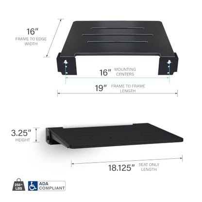 Seachrome 18 inch Silhouette Slimline Folding Wall Mount Shower Bench Seat, Matte Black Seat with Matte Black Frame - color: Matte Black Seat With Matte Black Frame