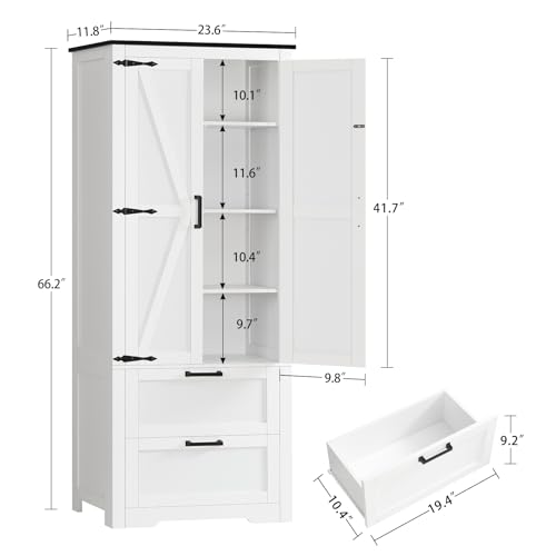 66.1" H Storage Cabinet with 2 Drawers, Farmhouse Kitchen Pantry Cabinet with 2 Doors & Adjustable Shelf, Bathroom Cabinet, for Living Room, Kitchen, Bathroom, White - color: White