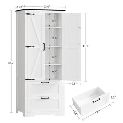 66.1" H Storage Cabinet with 2 Drawers, Farmhouse Kitchen Pantry Cabinet with 2 Doors & Adjustable Shelf, Bathroom Cabinet, for Living Room, Kitchen, Bathroom, White - color: White