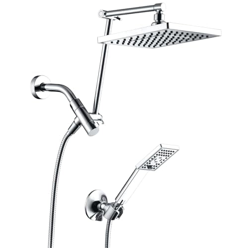 BRIGHT SHOWERS High Pressure Rain Shower Head Combo with Double Extension Arm, 8 Inch Rainfall Shower Head with Handheld Spray, Height Adjustable Dual Square Showerhead Set, Chrome - color: Chrome, style: Dual Shower Head with Extension Arm