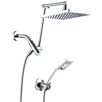 BRIGHT SHOWERS High Pressure Rain Shower Head Combo with Double Extension Arm, 8 Inch Rainfall Shower Head with Handheld Spray, Height Adjustable Dual Square Showerhead Set, Chrome - color: Chrome, style: Dual Shower Head with Extension Arm