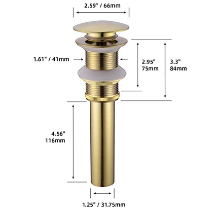 Brushed Gold Pop Up Drain for Bathroom Sink Without Overflow | Brass, Basin Vessel Detachable Basket Drain Strainer Stopper Assembly