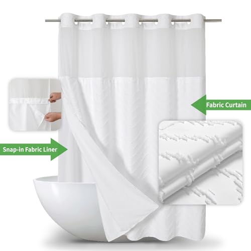 eachope No Hook Tufted Chevron Striped Shower Curtain with Snap-in Fabric Liner set-71Wx74H,Hotel Grade,Boho Style Waterproof Shower Curtain with See Through Top Window,White - color: White, size: 71"W x 74"L (Pack of 1)