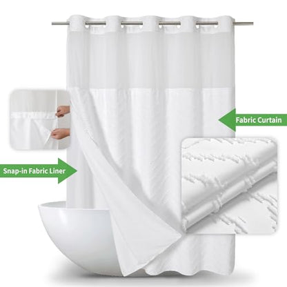 eachope No Hook Tufted Chevron Striped Shower Curtain with Snap-in Fabric Liner set-71Wx74H,Hotel Grade,Boho Style Waterproof Shower Curtain with See Through Top Window,White - color: White, size: 71"W x 74"L (Pack of 1)