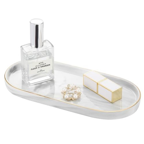 Luxspire 9.8" Bathroom Vanity Tray Marble Ceramic Dresser Jewelry Dish | M, non-slip waterproof resin, easy wipe clean, fits bath kitchen vanity, holds jewelry toiletries soap - color: Marble White+gold, style: Small