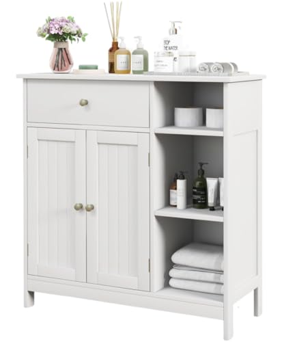 GOFLAME Bathroom Cabinet, 29.5" x 12" x 31.5" Floor Storage Cabinet with 1 Drawer, 3 Open Compartments, Adjustable Shelves, White