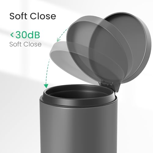 Cesun Small Round Bathroom Trash Can with Lid Soft Close, 1.2 Gal, Gray | Removable Inner Bucket, Stainless Steel Garbage Can for Bedroom/Office, Hands-Free Step Pedal, Fingerprint-Resistant - color: Gray