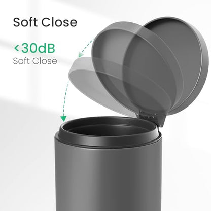 Cesun Small Round Bathroom Trash Can with Lid Soft Close, 1.2 Gal, Gray | Removable Inner Bucket, Stainless Steel Garbage Can for Bedroom/Office, Hands-Free Step Pedal, Fingerprint-Resistant - color: Gray