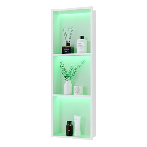 3-Tier 12x36Inch Wall Niche with RGB Lights, White Recessed Stainless Steel Shower Niche with RGB Colorful Remote Control, NO Tile Needed Bathroom Storage Organizer Waterproof - color: White, size: 12X36In