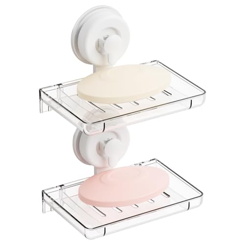 SUOXING 2 Pcs Soap Dish Holder for Shower Suction Cup Wall Mounted Self Draining NO-Drilling Removable Sponge & Bar Soap Holder,Shower Soap Rack & Shelf for Bathroom Bathtub Kitchen Sink,Plastic,Clear - color: Clear