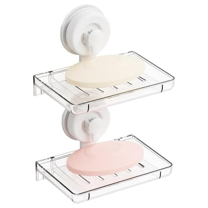 SUOXING 2 Pcs Soap Dish Holder for Shower Suction Cup Wall Mounted Self Draining NO-Drilling Removable Sponge & Bar Soap Holder,Shower Soap Rack & Shelf for Bathroom Bathtub Kitchen Sink,Plastic,Clear - color: Clear