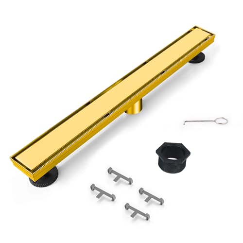 Linear Shower Drain 18 inch Brushed Gold with Tile Insert Grate | AISI 304 Stainless Steel Brushed Gold Linear Drain Rectangle Shower Floor Drain with Hair Strainer and Leveling Feet - color: Gold, size: 18 inch