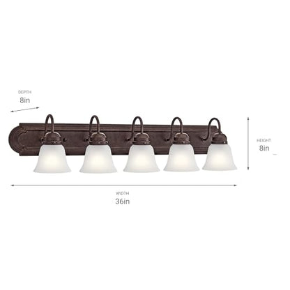 Kichler 5-Light Bathroom Vanity Light, Tannery Bronze | Damp-rated vanity light with satin etched glass (36" x 8" x 5"), 5339TZS - color: Tannery Bronze, size: 36"