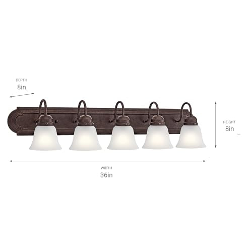 Kichler 5-Light Bathroom Vanity Light, Tannery Bronze | Damp-rated vanity light with satin etched glass (36" x 8" x 5"), 5339TZS - color: Tannery Bronze, size: 36"