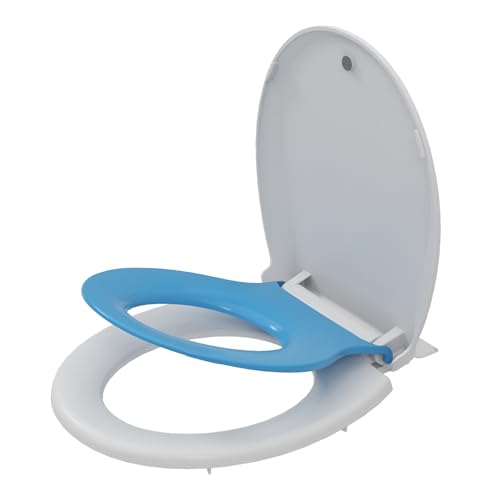 Blue Round Toilet Seat with Built-In Potty Training Seat for Adult and Child, Soft Quiet-Close Lid with Non-Slip Design, Magnetic Kids Seat, Easy to Install and Clean - color: Blue, with Toddler Seat, size: Round (17″)