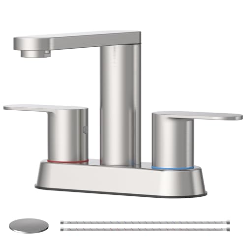BWE Brushed Nickel Bathroom Faucets 4 in Centerset Faucet for Bathroom Sink | 2 or 3 Hole Basin 2-Handle 360° Swivel Spout Sink Faucet with Pop up Drain and Water Supply Hose for Farmhouse Vanity - color: Brushed Nickel, size: 4 Inches Centerset