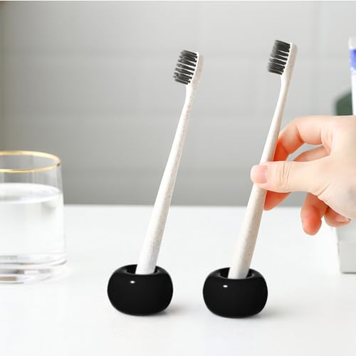 Mini Ceramics Toothbrush Stand for Bathroom Vanity Countertop, Handmade Couple Toothbrush Head and Shaver Holder, Office Pen Holder, 2-Piece Set Black - color: Black&black