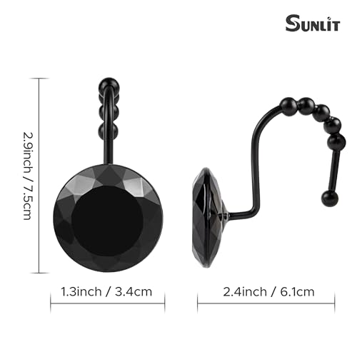 Sunlit Luxury Design Round Black Diamond Crystal Gem Bling with Glide Balls Shower Curtain Hooks with Black Hooks, Rust Proof Metal Rhinestones Glam Decorative Shower Curtain Rings, Set of 12 - color: Black With Black Hooks