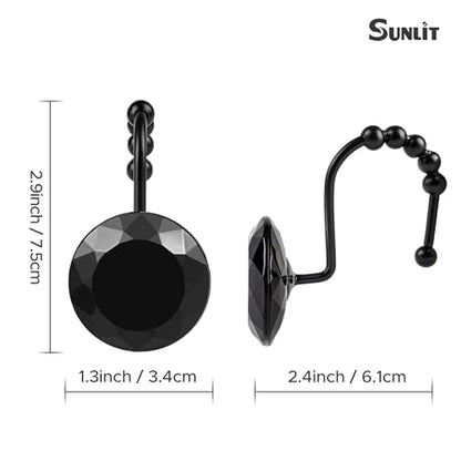 Sunlit Luxury Design Round Black Diamond Crystal Gem Bling with Glide Balls Shower Curtain Hooks with Black Hooks, Rust Proof Metal Rhinestones Glam Decorative Shower Curtain Rings, Set of 12 - color: Black With Black Hooks