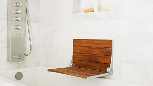 Seachrome Silhouette Natural Teak Wood Wall Mount Folding Shower Seat Bench with Silver Frame - color: Teak Wood Seat With Silver Frame