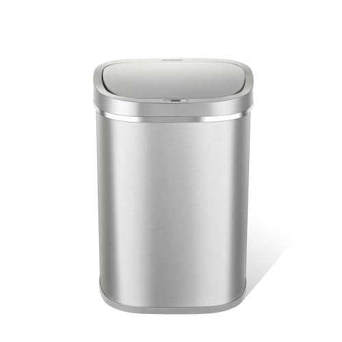 Ninestars DZT-80-35 Deluxe Automatic Touchless Infrared Motion Sensor Trash Can, 21 Gal 80L, Heavy Duty Stainless Steel Base (Oval, Silver/Brush Lid) Trashcan, Ss