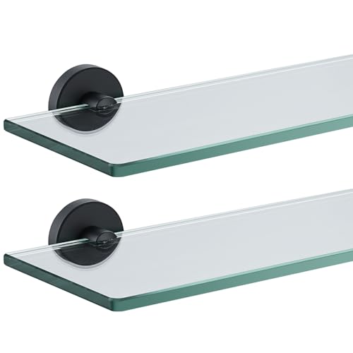 JQK Bathroom Glass Shelf Black, Tempered Glass Shower Storage 12 by 5 inches, 304 Stainless Steel Matte Black Wall Mount 2 Pack, TGS101L12-PB-P2 - color: Black, size: 12 Inch (2 Pack)