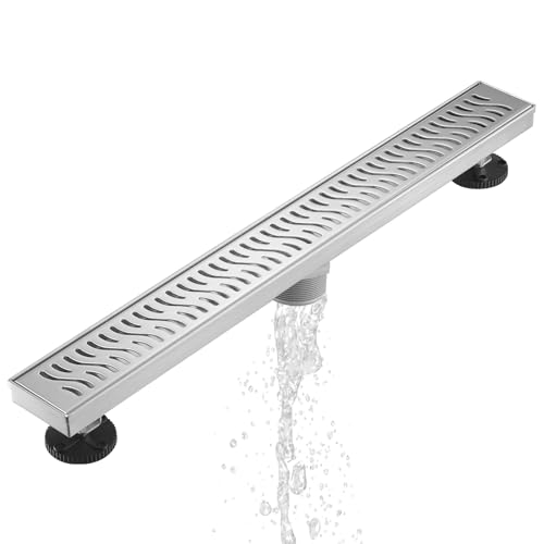 Sharp-tec Linear Shower Drain, 32 inch Shower Drain with Removable Pattern Cover, Brushed Nickel 304 Stainless Steel Rectangle Floor Drain, Adjustable Feet and Hair Strainer Included - color: Brushed Nickel, size: 32 inch