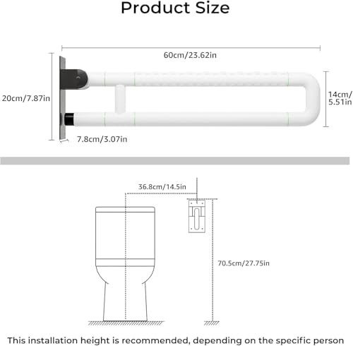 Flip Up Grab Bar for Toilet: Upgraded 23.6 Inch Handicap Grab Bars for Bathroom - Wall-Mount, Non-Slip Toilet Handles with Glows at Night, Suitable for Elderly Pregnant Women and Disabled - color: S-2930.White