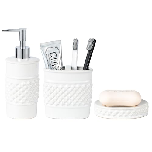 3-Piece White Ceramic Bathroom Accessories Set - Luxurious Soap Dispenser, Toothbrush Holder & Soap Dish with Modern Geo Embossed Design for Bathroom Accessory Set - color: White 024