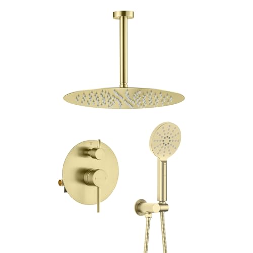 Circular Ceiling Mounted Shower System with 2-Function Faucet Set | Solid Brass Pressure Balanced Valve | Anti-Scald Design for Reliable Water Temperature Control (Brushed Gold Finish, KSF408) - color: Brushed Gold