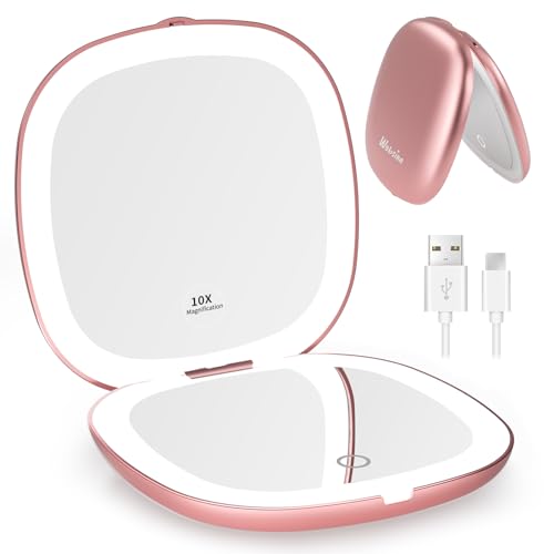 WOBSION 1x/10x Rechargeable Lighted Travel Makeup Mirror | Compact Magnifying Mirror with Lights, Portable for Bag, 4inch, Gift, Rose Gold - color: Rose Gold